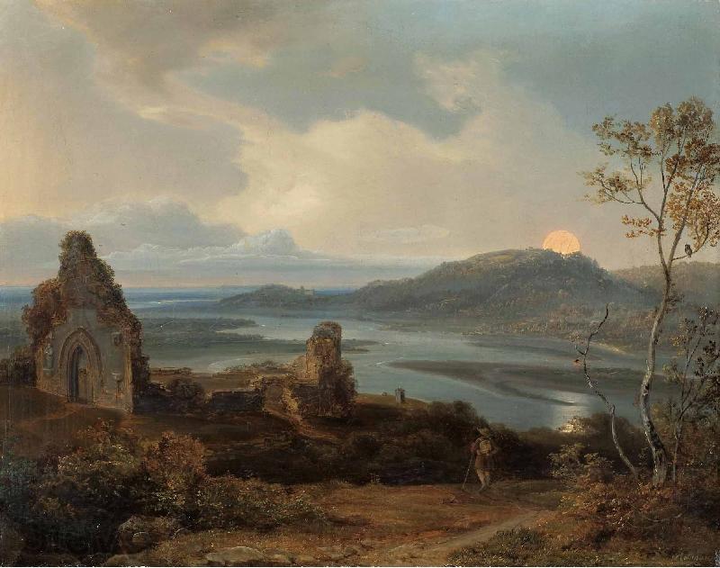 Carl Rottmann Ruin of a chapel near a river with rising moon France oil painting art